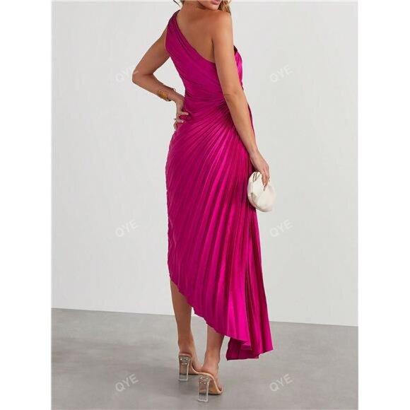 NEW - Elegant Asymmetrical Neck Asymmetrical Hem Satin Cocktail Fucsia Dress - Picture 2 of 8